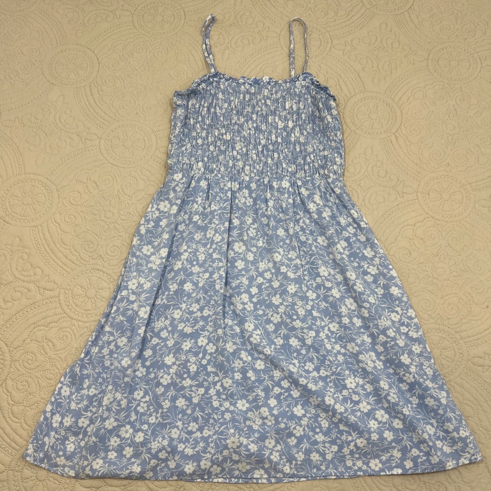 AQUA Womens Smocked Floral Sundress Light Blue White XS Adjustable Straps Boho - Picture 7 of 8